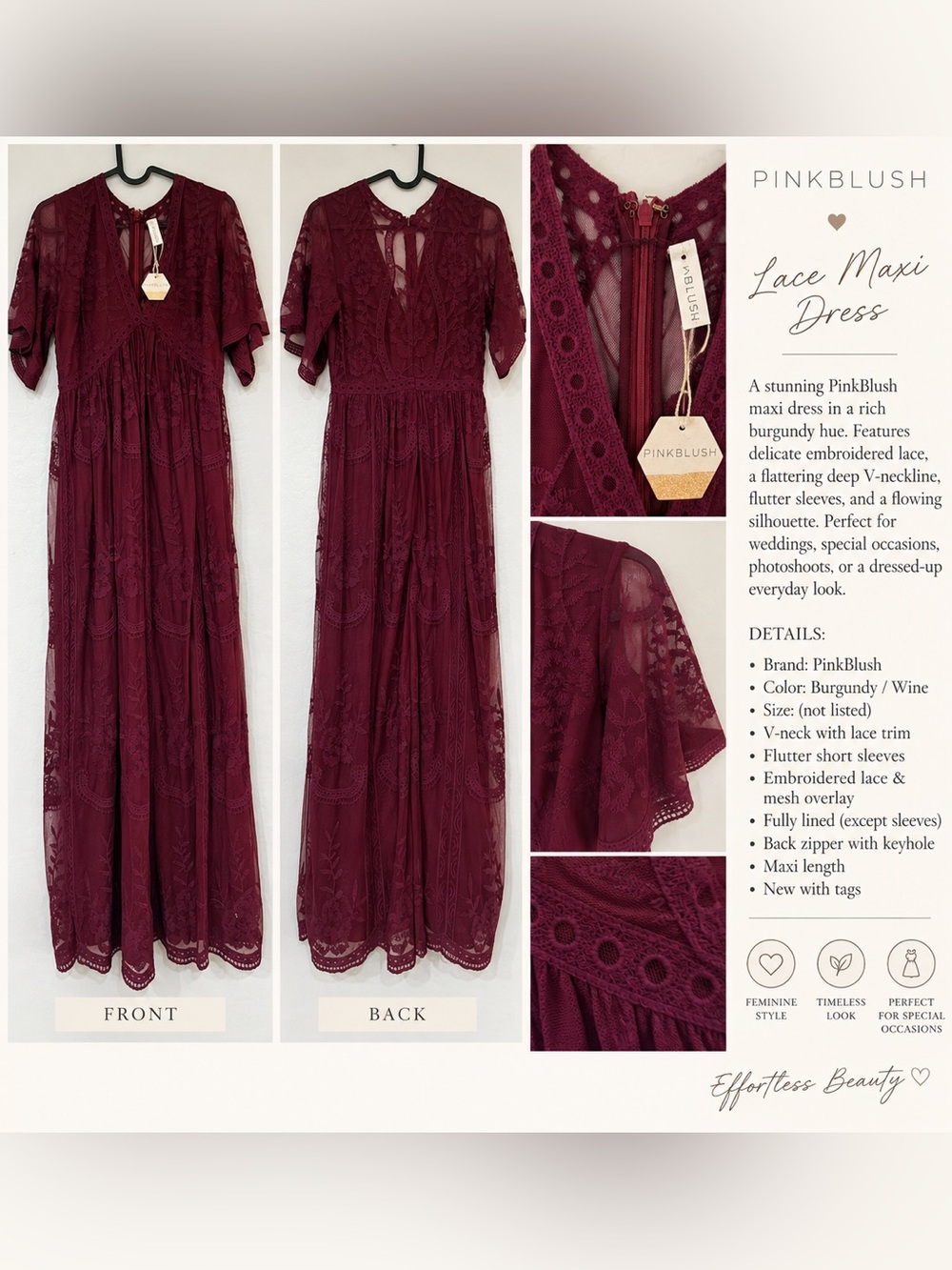 PinkBlush Burgundy Lace Maxi Dress with V-Neck and Flutter Sleeves
